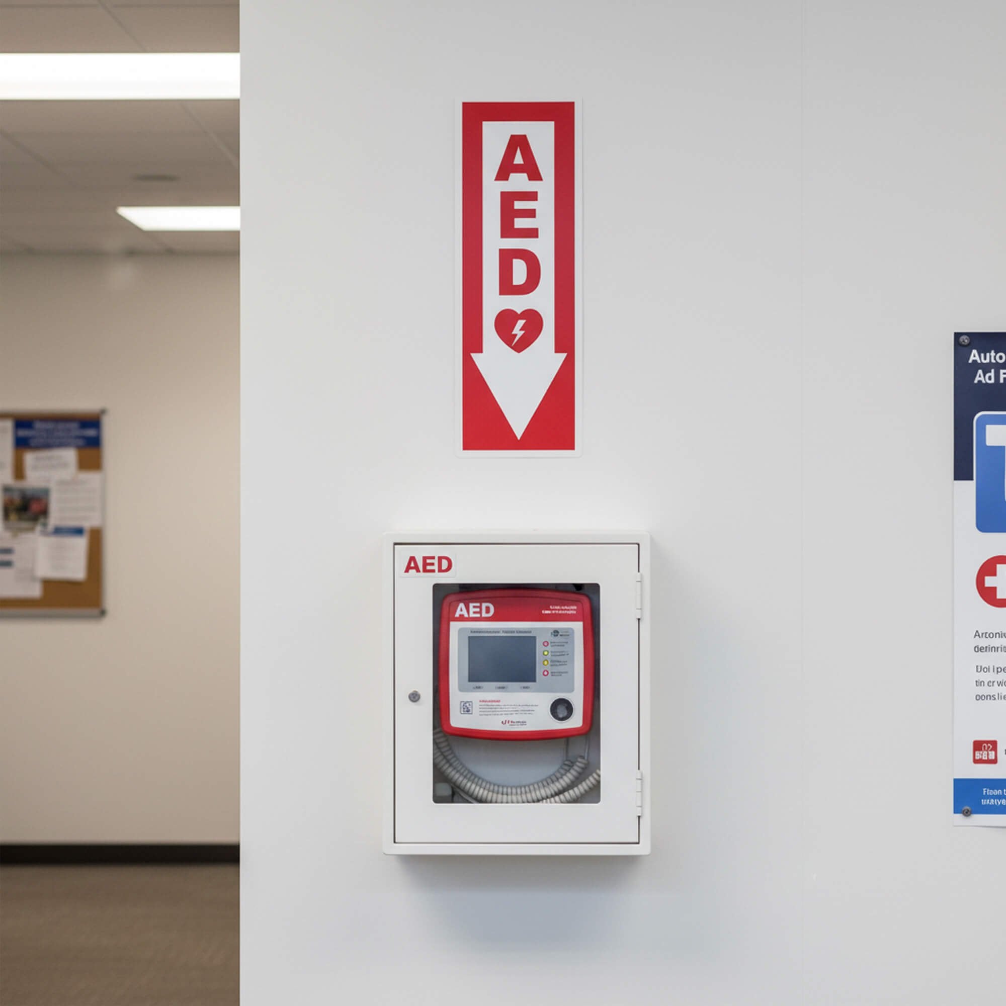 An AED sign above an AED in a doctor's office