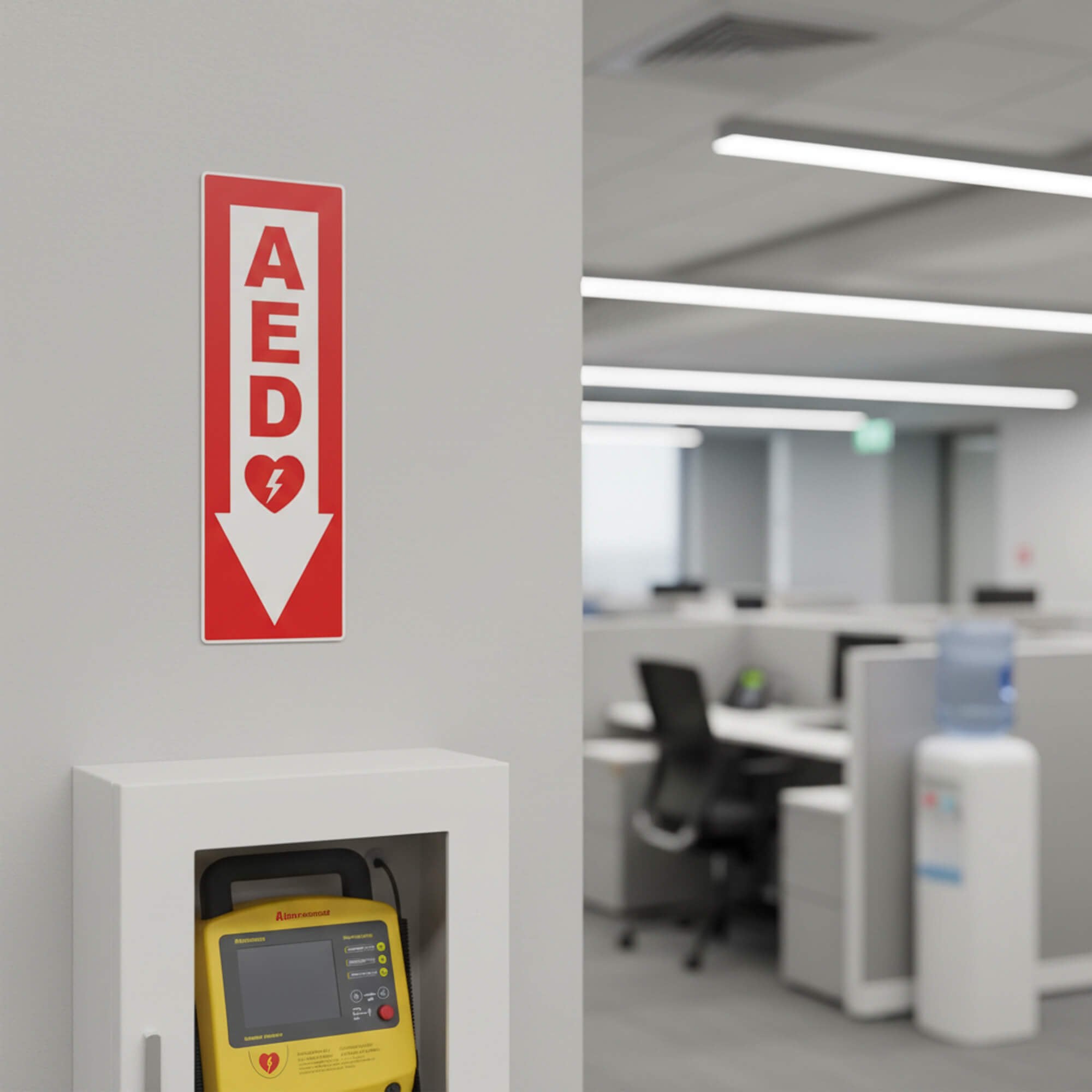 An AED sign above the AED in an office