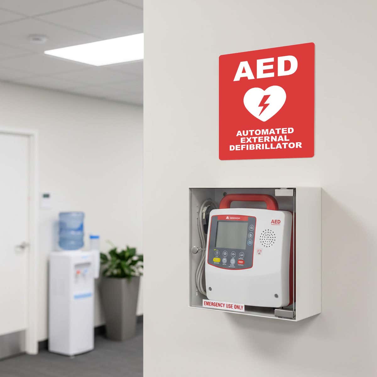 An AED sign above the AED in a breakroom