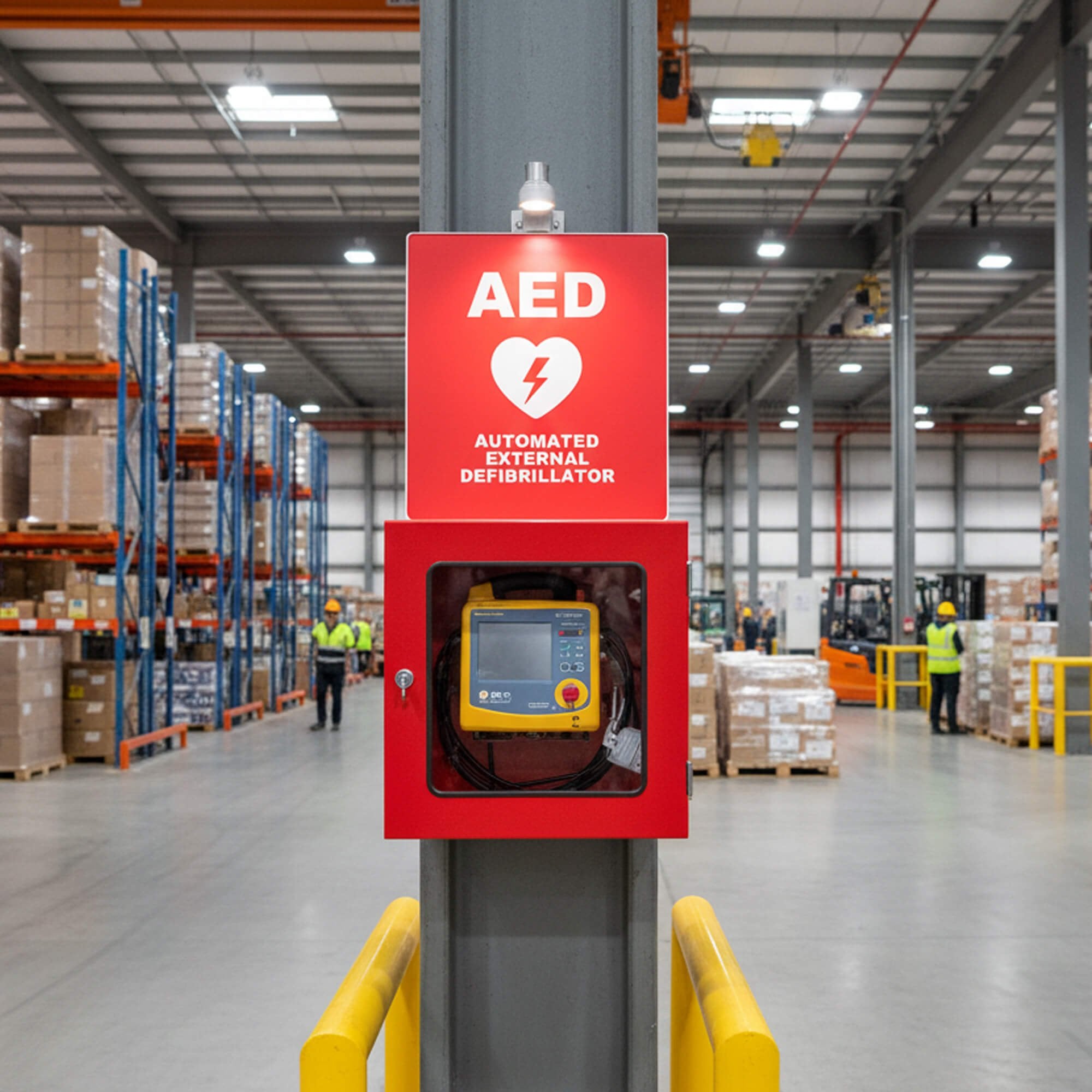 An AED sign above and AED in a warehouse