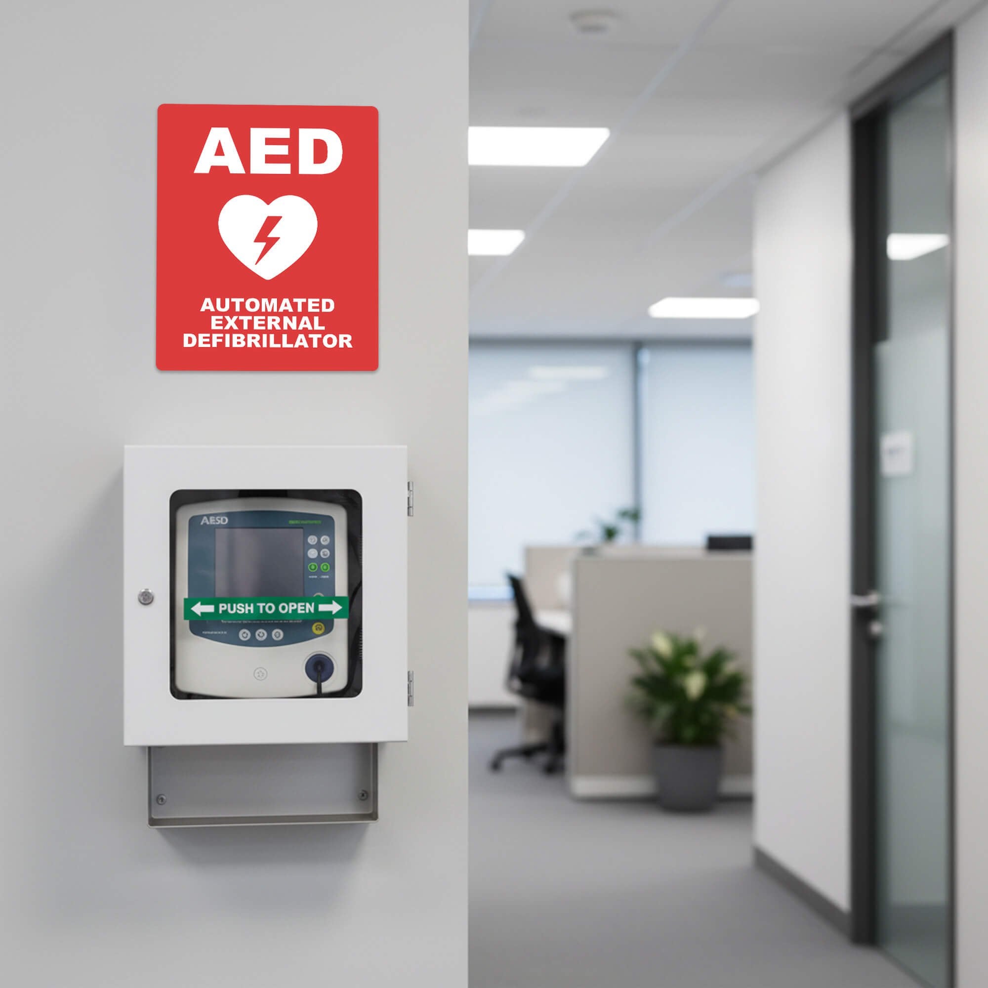 An AED sign above the AED in an office