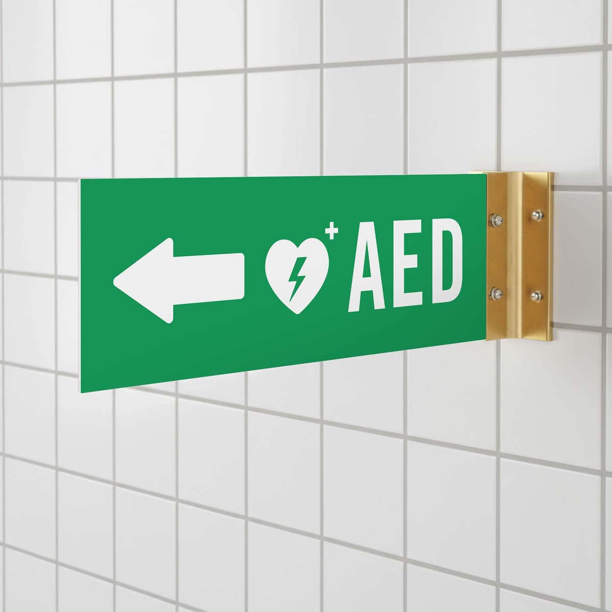 Green projecting AED sign in a bathroom
