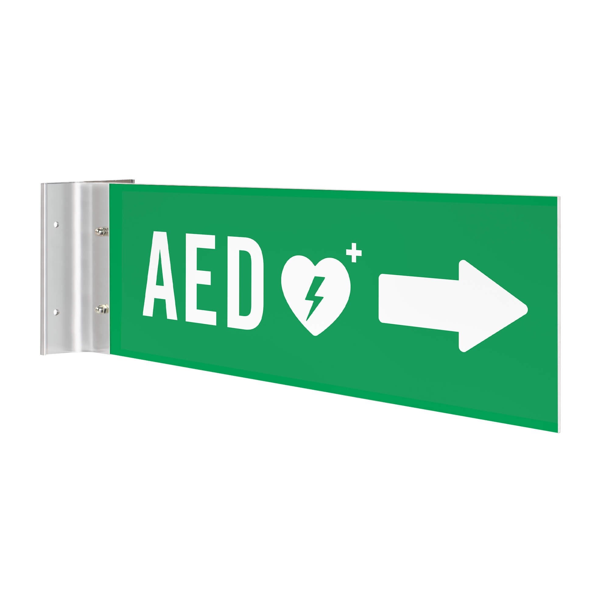 Green projecting AED sign with arrow 