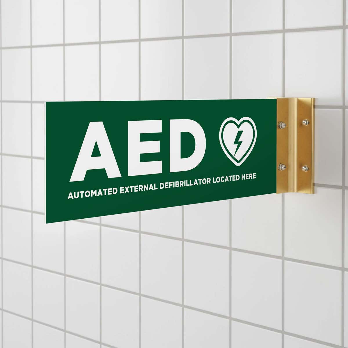 The green projecting AED sign in a bathroom