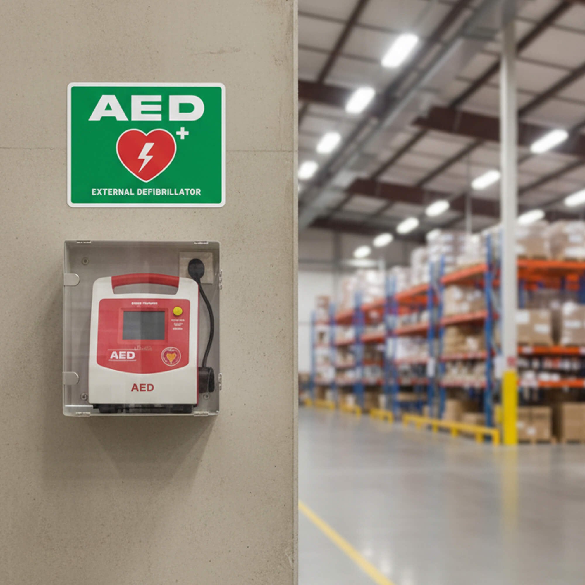 Green AED sign above an AED in a warehouse