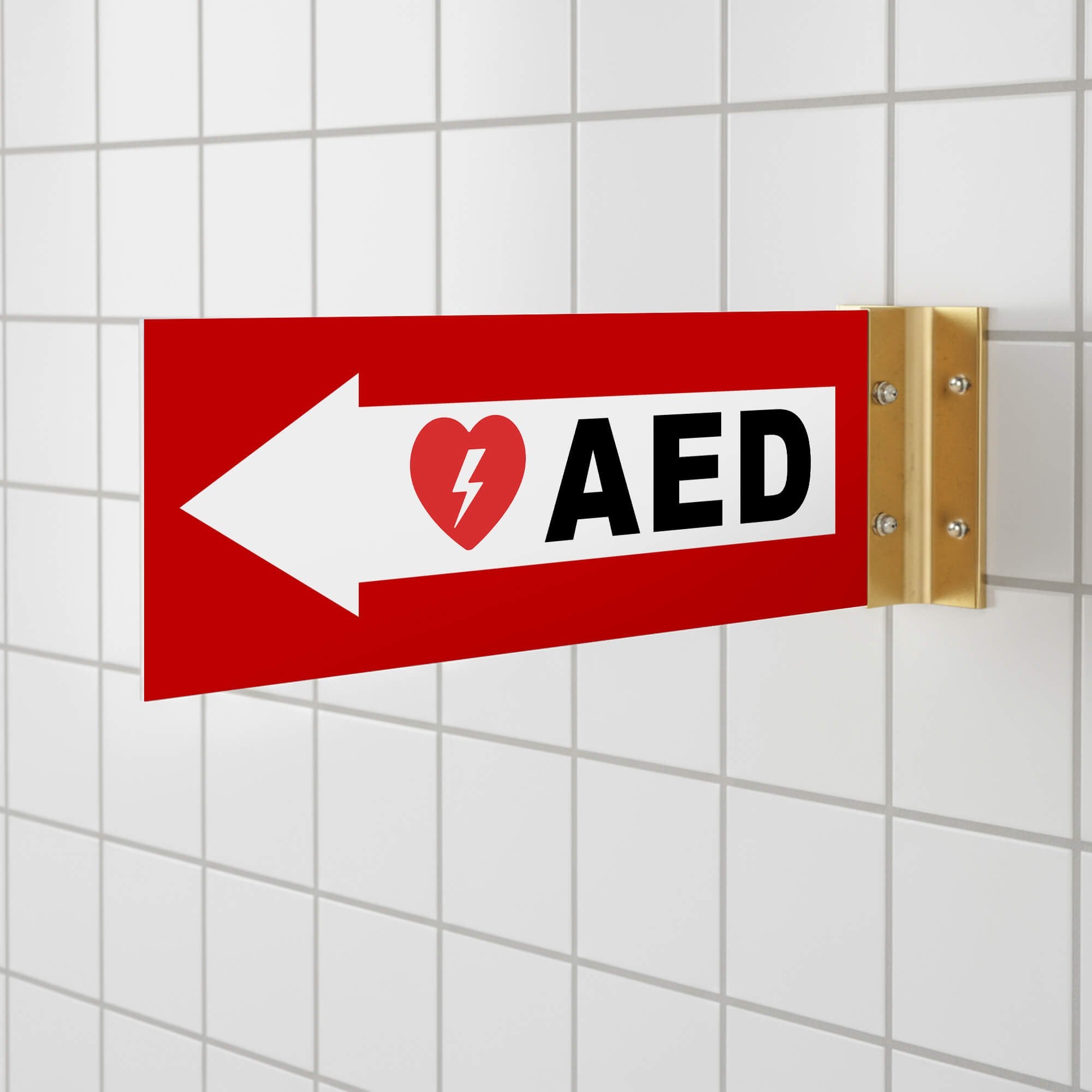 Red projecting AED sign in a bathroom