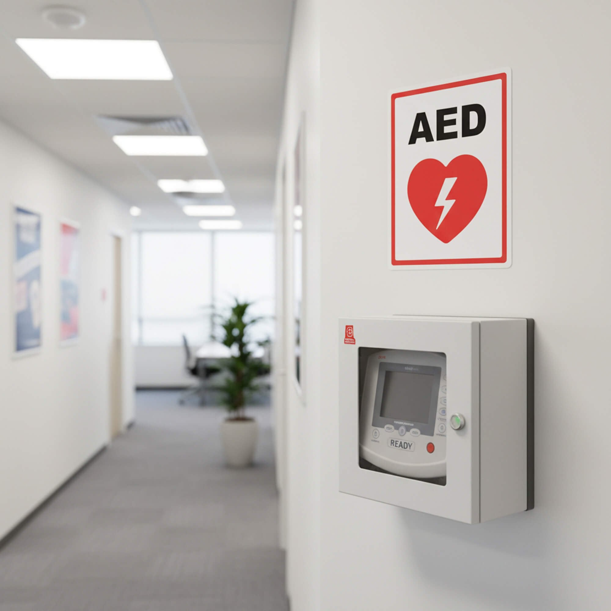 An AED sign placed above the AED in an office