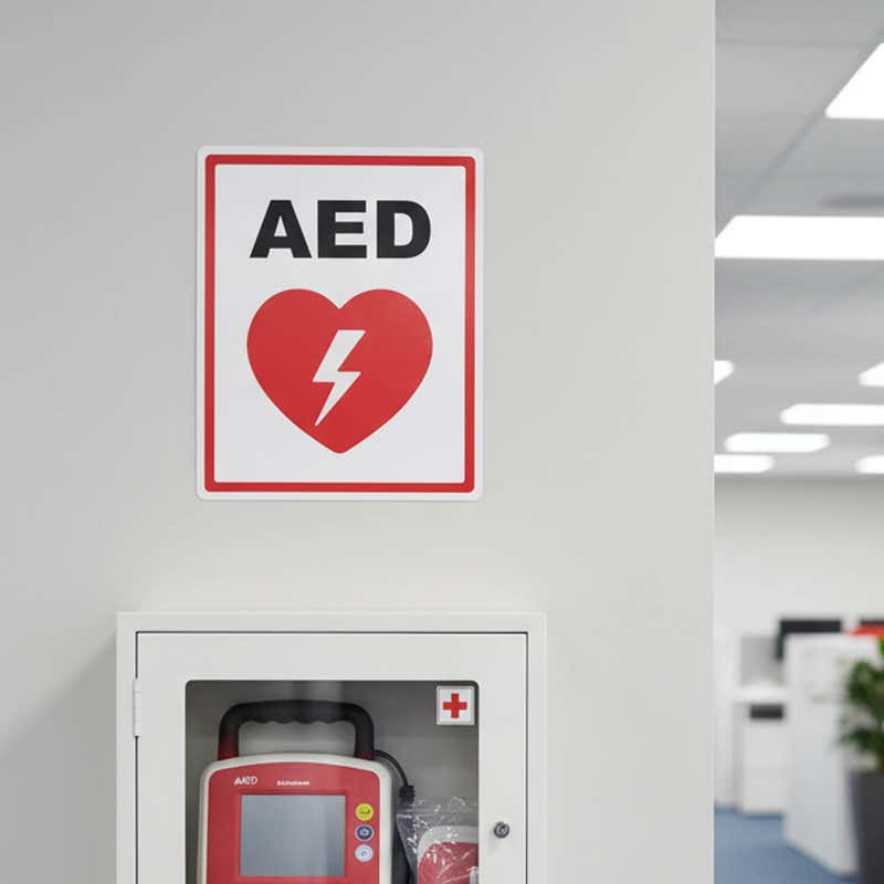 An AED sign placed above the AED in a building