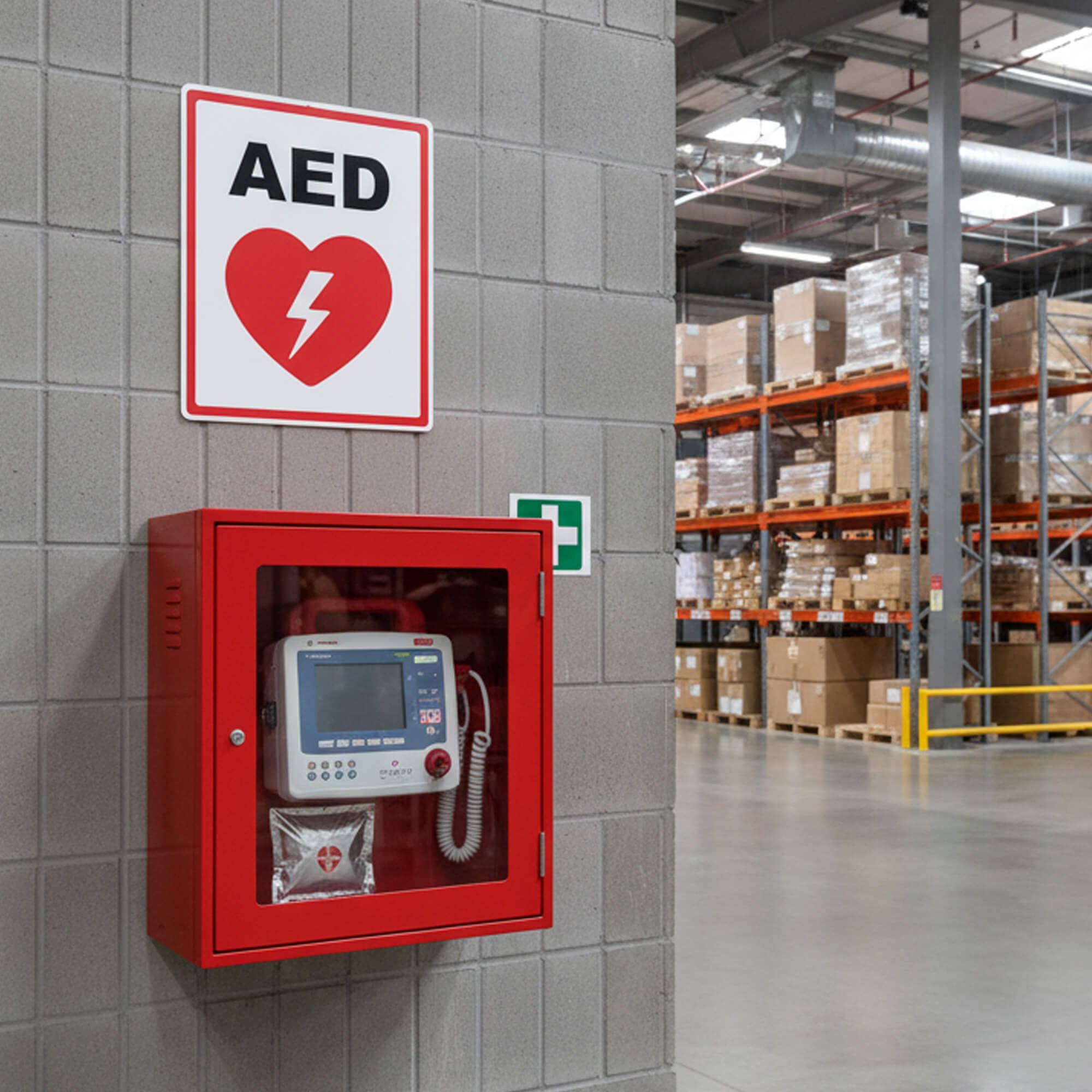 An AED sign placed above the AED in a warehouse