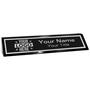 Custom Text Desk Block with Logo | 2" x 10" black and silver