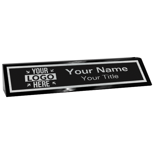 Custom Text Desk Block with Logo | 2" x 10" black and silver