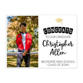 Custom graduation yard sign with a graduation photo and the name in script text