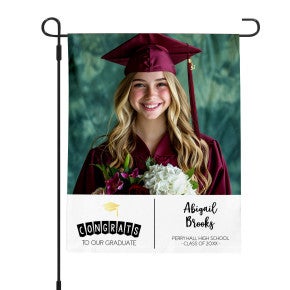 Graduation Gold Cap Garden Flag pole on left