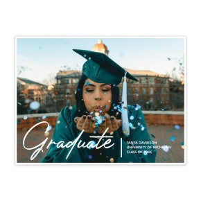 Custom graduation yard sign with a full sized photo and white text on top