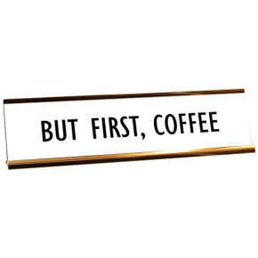 White desk plate with black custom text in yellow gold holder