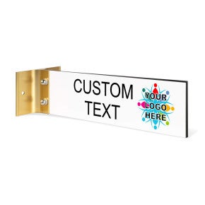 2” x8” “Custom Text” Corridor sign with gold holder and placeholder logo, customizable text on a white background.