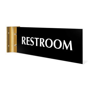 4” x12” “RESTROOM” Corridor sign with black material color, white engraved text, and gold holder on a white background.