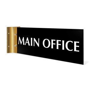 Main Office projection wall sign on a white background with black background, white engraved text, and yellow gold holder.