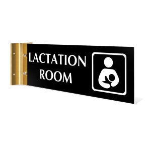 4” x12” “LACTATION ROOM” Corridor sign with black material color, white engraved text, logo and yellow gold holder on a white background.