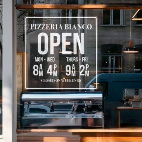 Custom 12 x 12 Square Static Window Cling for a Pizzeria's Business Hours