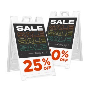 Two percentage examples of the sale sandwich board sign with custom percentages