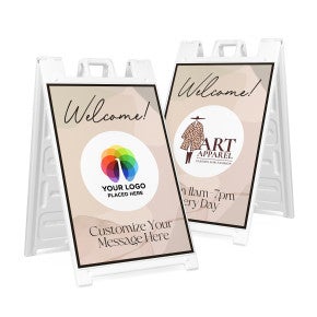 A welcome sandwich board sign with a custom logo and two lines of custom text