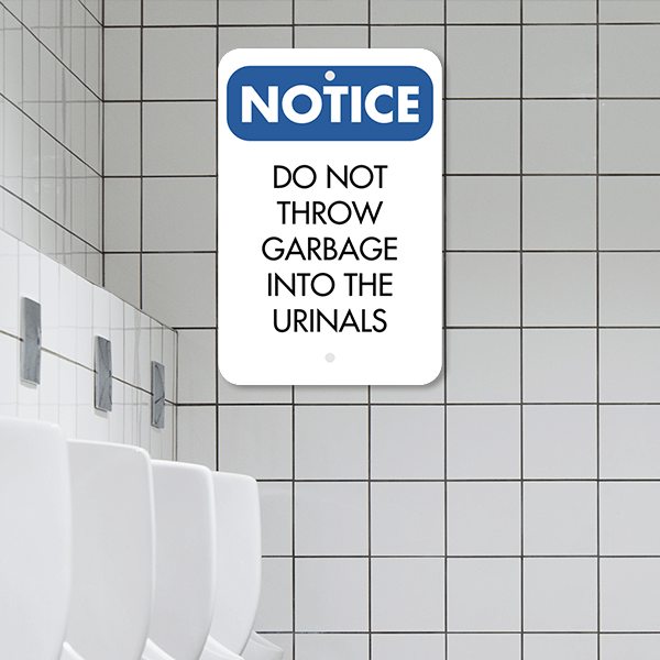 Vertical No Garbage in Urinals Sign - alternate view