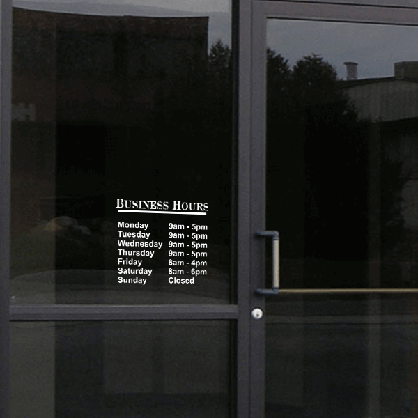 Die Cut Business Hours Vinyl Door Decal | 12" x 12" - alternate view