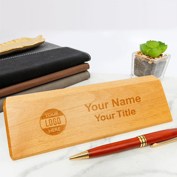 Natural 2" x 8" Engraved Logo Red Alder Desk Wedge - alternate view