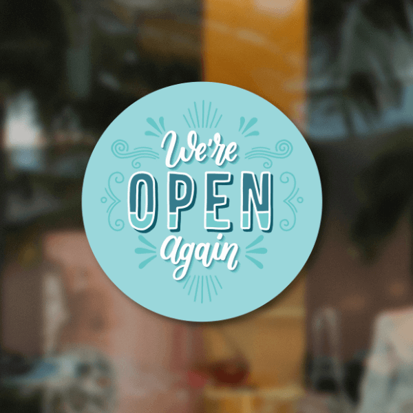 We're Open Again 8" Blue Business Reopening Window Decal - alternate view
