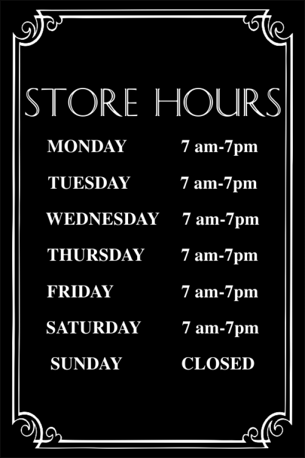 12 in x 8 in Store Hours Sign, Engraved w/ Decorative Border 12 in x 8 in Store Hours Sign, Engraved w/ Decorative Border