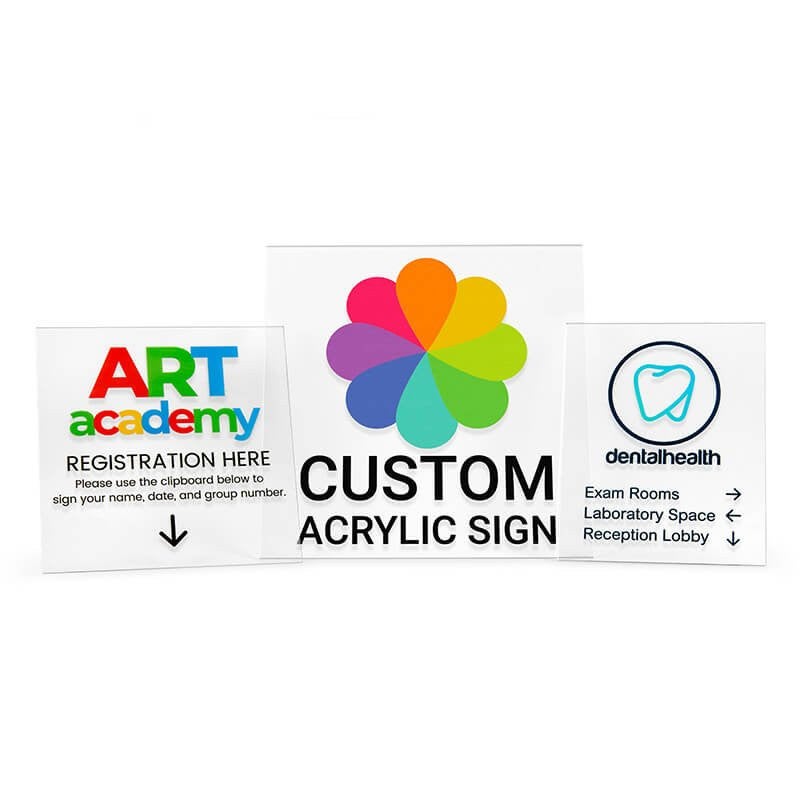 Multiple Custom Acrylic Signs on a White Background