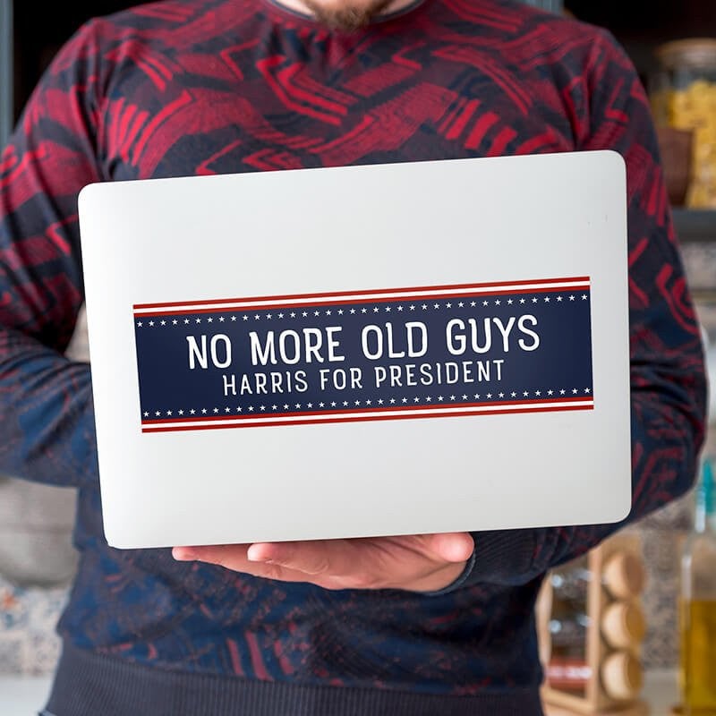 No More Old Guys | Harris Bumper Sticker on a laptop