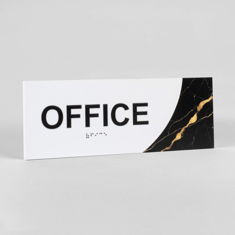 A design example for the modern sleek 2-layer ADA design for an office with the white foreground and black marble background