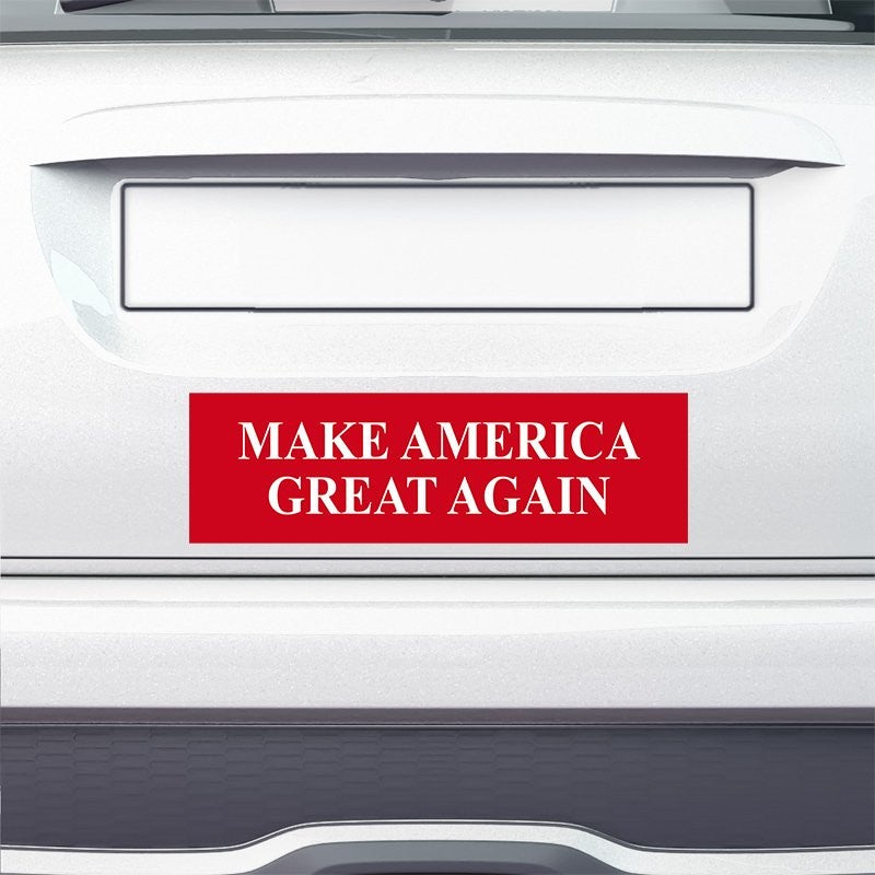 Make American Great Again Bumper Sticker on the bumper of a white car