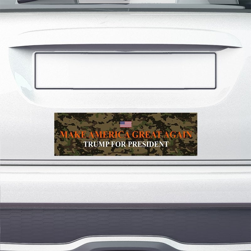 Camo MAGA Bumper Sticker on the bumper of a white car