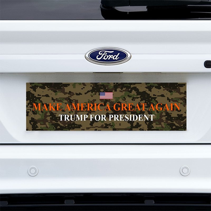 Camo MAGA Bumper Sticker on a white truck