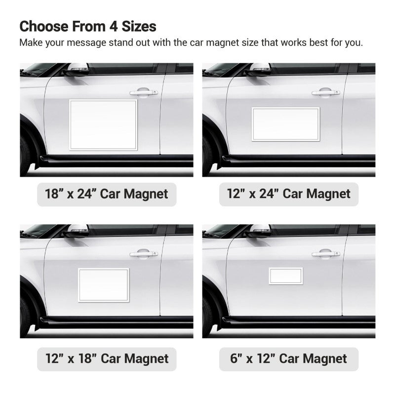 Infographic: custom car magnet sizes — 6x12, 12x18, 12x24, and 18x24 inches