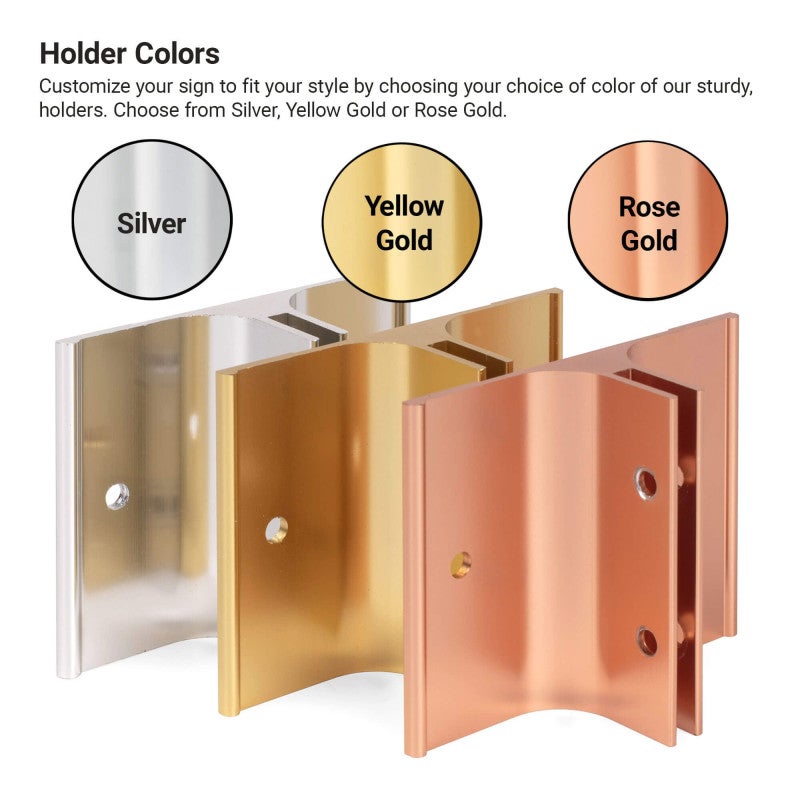 Infographic showing holder color options, shown in Silver, Yellow Gold, and Rose Gold finishes.