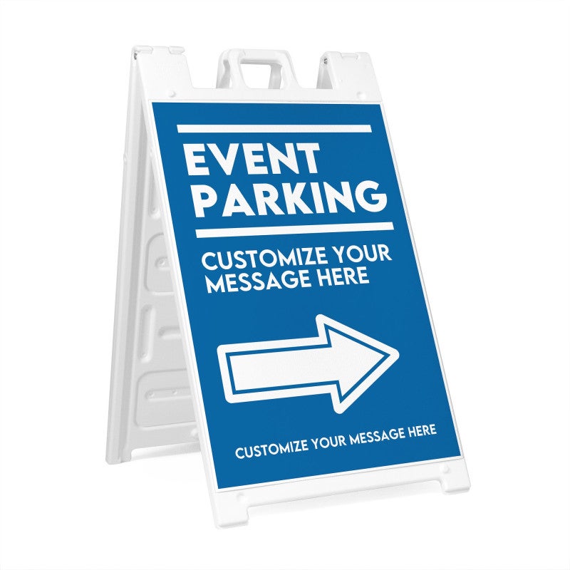 An event parking sandwich board sign that shows where you can customize your text