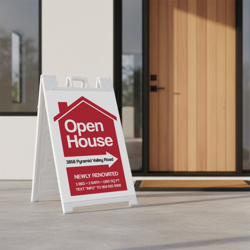 An open house sandwich board sign featuring a newly renovated message
