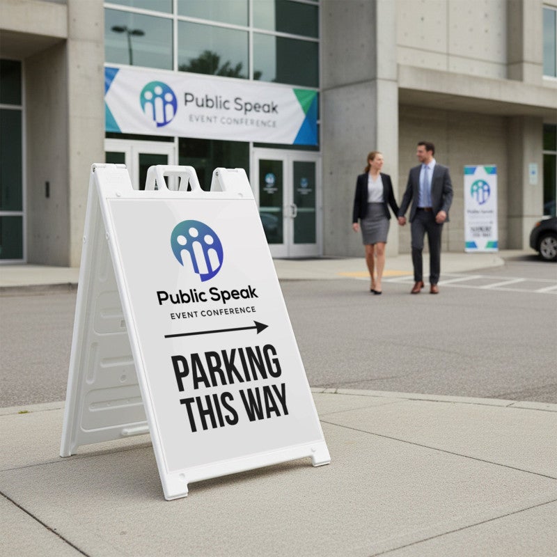 A parking sidewalk sign displayed outside of an event conference 