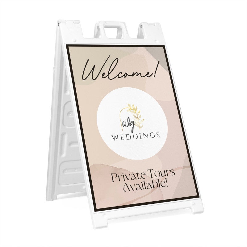 A welcome A-frame sign for a wedding venue that says private tours available