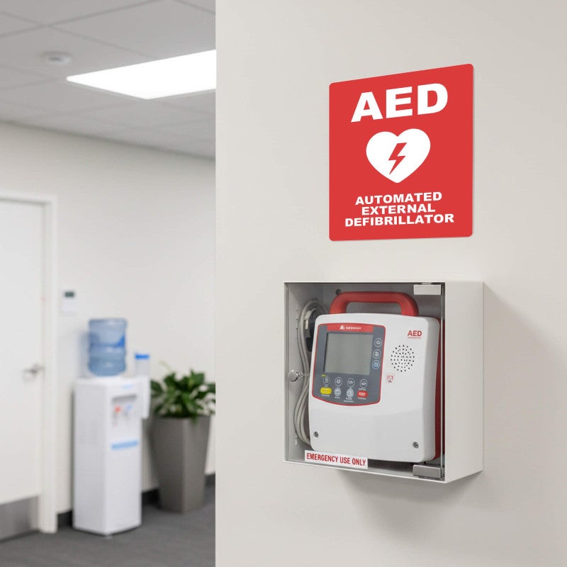 An AED sign above the AED in a breakroom