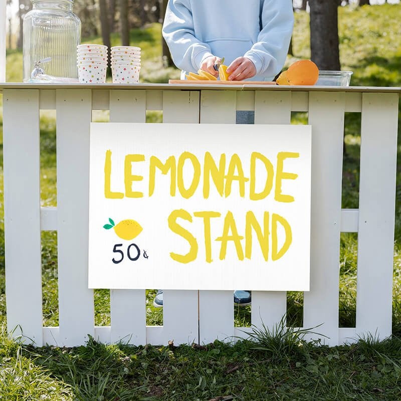 A custom made yard sign for a lemonade stand written with yellow marker