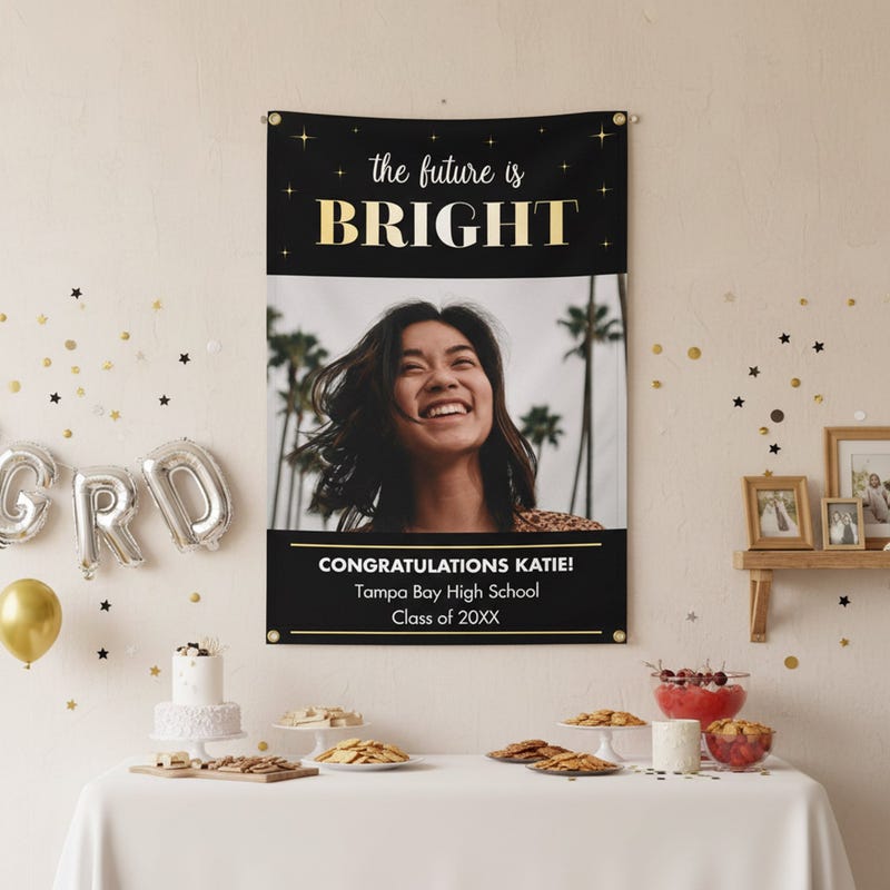 The Future Is Bright Graduation Banner hanging on a wall at a party