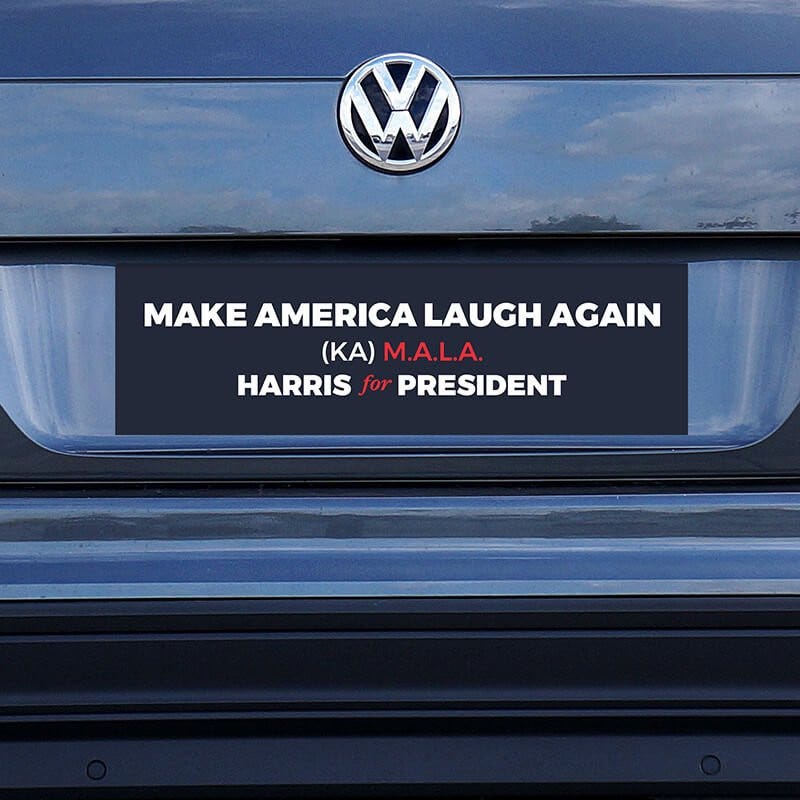 MALA Harris for President Bumper Sticker on a blue car