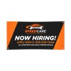 Black and orange vinyl banner with bold business branding and text, shown flat on white background with visible corner grommets