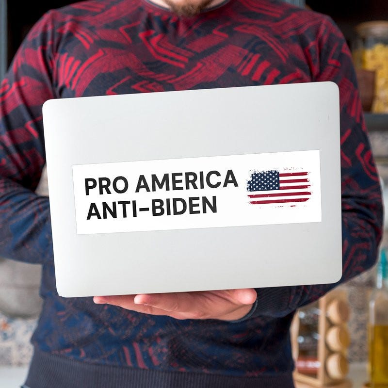 Pro America Anti-Biden bumper sticker on a laptop