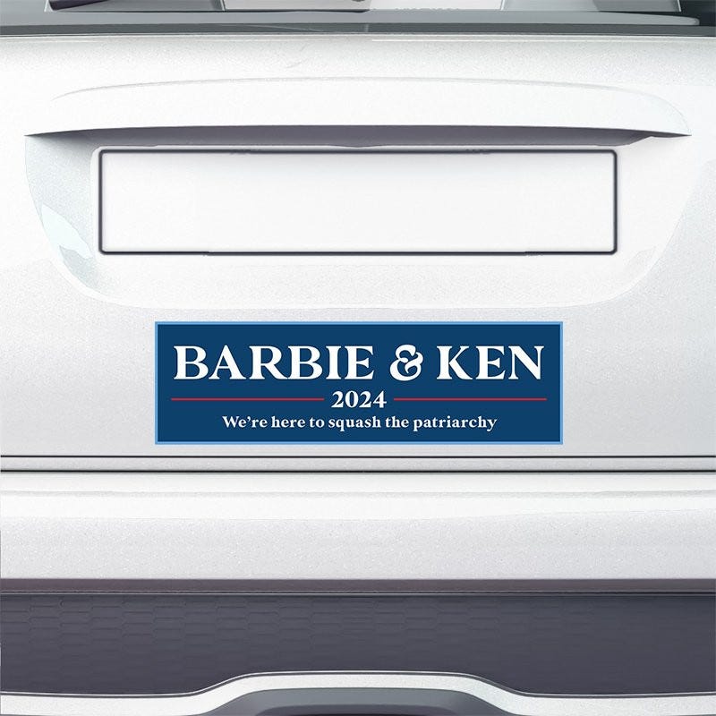 Barbie and Ken bumper sticker on the bumper of a white car